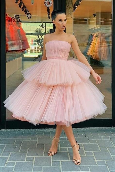 Strapless Pink Tulle Homecoming Dress Gown With Tiered Skirt Tea Length Prom Dress Tulle