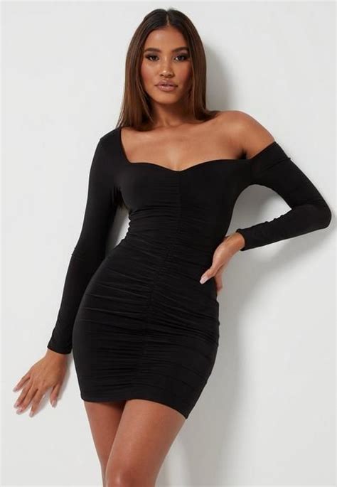 Missguided Black Slinky Off Shoulder Ruched Mini Dress Mini Dress Tight Fitted Dresses