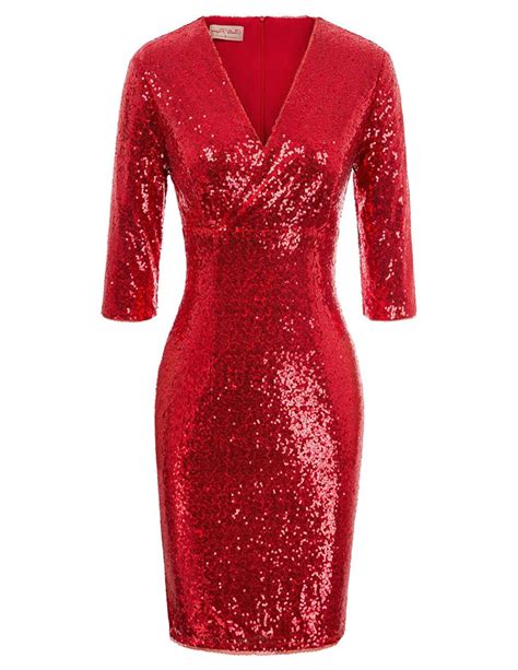 Bodycon Sequin Dresses For Women Vintage 34 Sleeve Sparkling Red