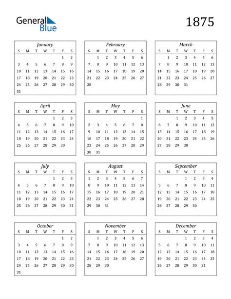 1875 Calendar Pdf Word Excel