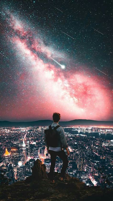 Man On Mountain City Night Galaxy View Stars Iphone Wallpaper Iphone Wallpapers