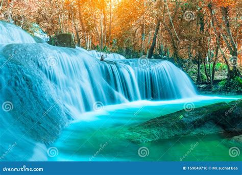 The Amazing Colorful Waterfall In Autumn Forest Blue Water Stock Photo