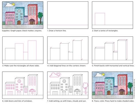 Simple steps on how to draw a. Draw 3D Buildings · Art Projects for Kids