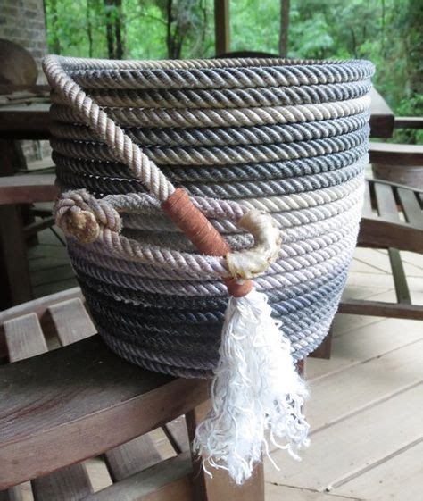 Lariat Rope Basket With Leather Wrapped Tasseled End Rope Basket