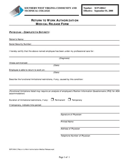 Medical Release To Return To Work 2000 2024 Form Fill Out And Sign Printable Pdf Template