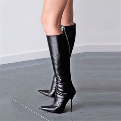 shoespie stylish black pointed toe stiletto heel knee high boots boots heels stiletto heels