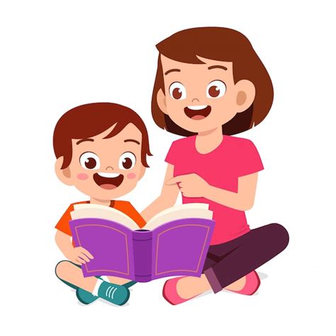 Premium Vector Happy Cute Little Kid Boy Read Book With Mom