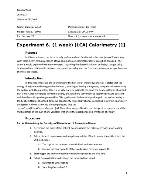 Experiment Calorimetry Lab Report