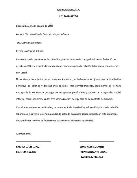Carta Terminacion Contrato SIN Justa Causa FABRICA METAL S NIT