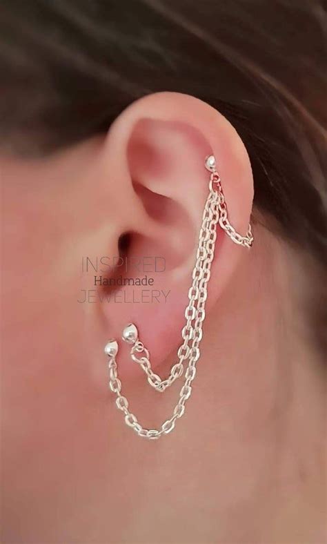 Helix Cartilage To Double Lobe Earring Triple Stud Triple Chain