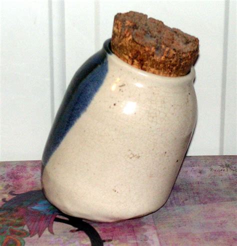 Vintage Primitive Pottery Jar White Blue Leaning Ceramic