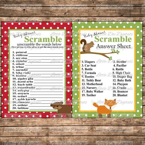 Printable Baby Shower Word Scramble And Answer Sheet Woodland