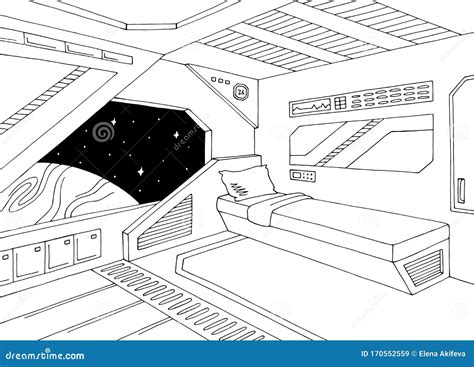 Spaceship Interior Graphic Black White Sketch Illustration Vector Stock