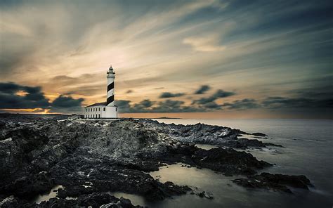 Lighthouse Rocks Stones Sunset Ocean Hd Naturaleza Océano Puesta De