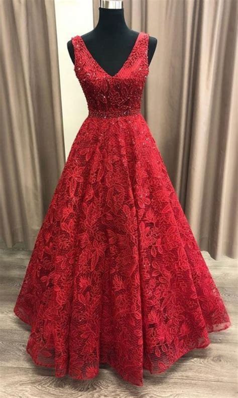 Charming Red V Neck Lace Beaded Prom Dressesa Line Sleeveless Evening