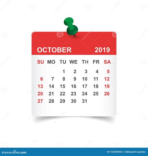 Calendar October 2019 Year In Paper Sticker With Pin Calendar P Stock