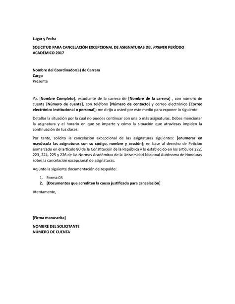 Solicitud Cancelacion Excepcional De Asignaturas Lugar Y Fecha