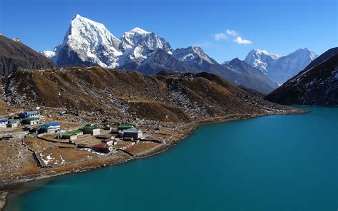 Landscape Lake Village Nepal Mount Everest Himalayas Asia Nature