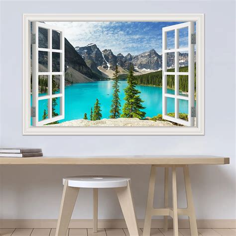 3d Wall Sticker Lake Landscape Modern Window View Pvc Wallpaper Home