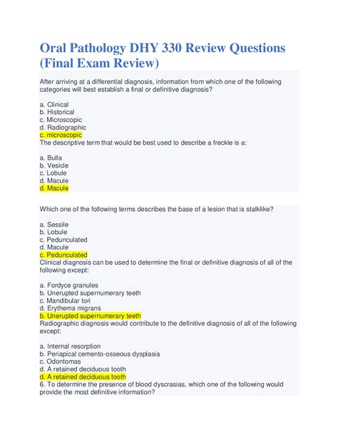 Oral Pathology Dhy 330 Review Questions Final Exam Review With Complete Solution Browsegrades