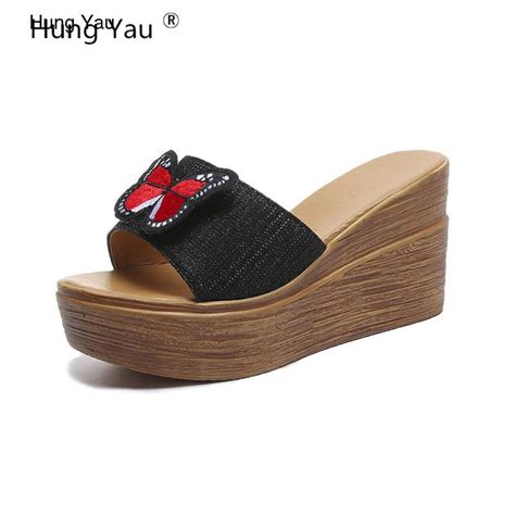 Hung Yau Women Sandals 85 Cm Slope Heel Thick Bottom Creepers Female Slippers Wedges Summer