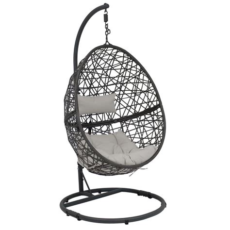 Wicker outdoor basket swing chair with stand and grey cushion. Sunnydaze Decor Caroline Resin Wicker Indoor/Outdoor ...