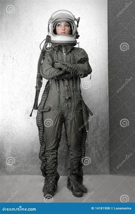 Astronaut Fashion Stand Woman Space Suit Helmet Stock Photo Image Of