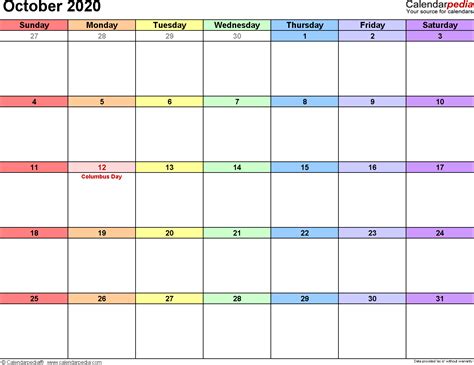 October 2020 Calendars For Word Excel And Pdf