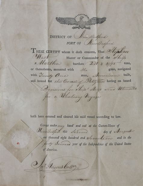 1842 New Bedford Whaling Voyage Customs Document 1842