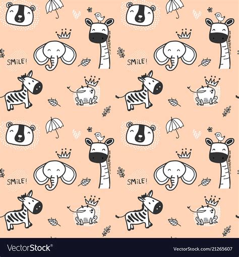 Cute Doodle Wild Animal Pattern Seamless Vector Image