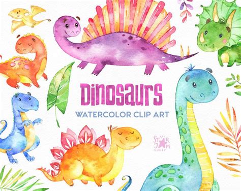 Dinosaurs Watercolor Clip Art Characters Cute Dinos Etsy Clip Art