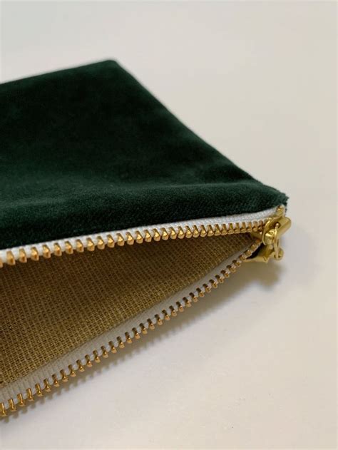 Green Velvet Clutch Purse Zipper Pouch Gold Linen Lining Dark Etsy