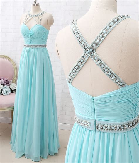 Macloth Straps O Neck Crystals Chiffon Long Prom Dress Aqua Formal