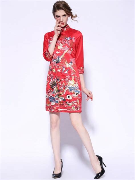 Red Embroidered Qipao Cheongsam Dress With Long Sleeve Cheongsam Dress Dresses Cheongsam