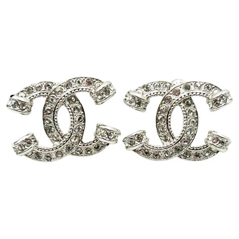 Chanel Brand New Classic Silver Cc Crystal Reissued Piercing Earrings