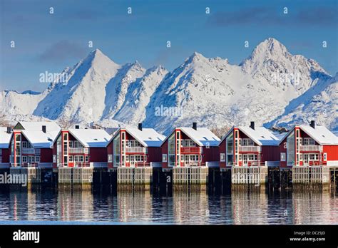 Rorbuer Cottages In Harbour At Svolvaer Svolvær In Snow In Winter