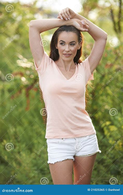 Beautiful Brunette In Meadow Park Stock Image Image Of Tree Outdoor 21025365