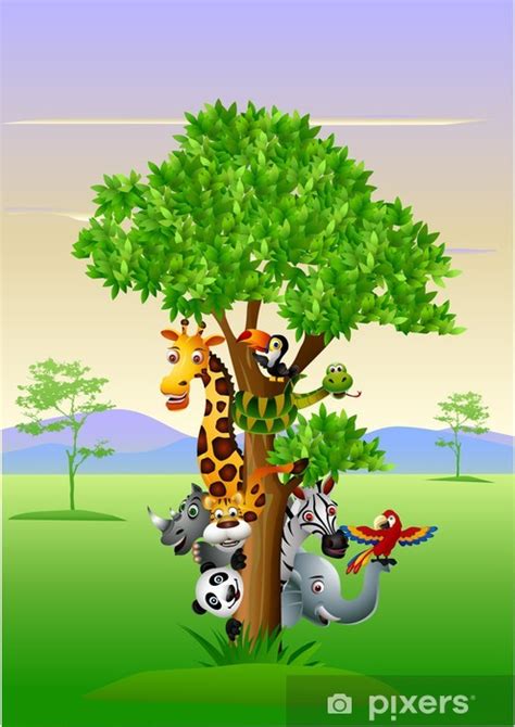 Various Funny Cartoon Safari Animals To Hide Behind A Tree Sticker