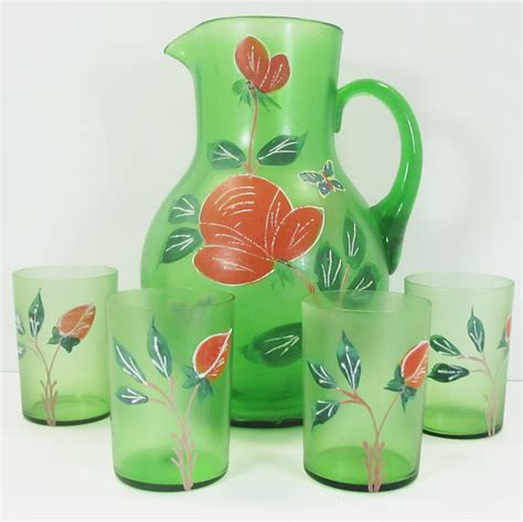 Glassies Victorian Hand Painted Pitcher And Glasses Set Antiques Board