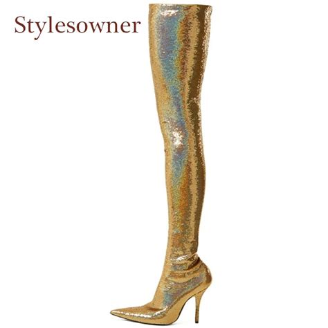 stylesowner 2018 new bling sequins stretch ankle boots women pointed toe stiletto heel sexy lady