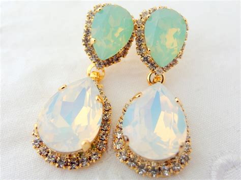 White Opal Mint Chandelier Earringsopal Bridal Earringsmint Etsy