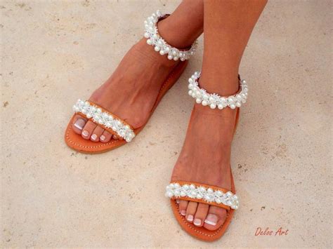 Beautiful barefoot wedding sandals for the beach and elsewhere, along with pretty ankle glams. Bridal Sandals, Leather Sandals, White Beach Wedding ...