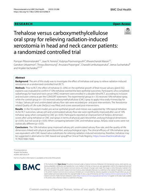 Pdf Trehalose Versus Carboxymethylcellulose Oral Spray For Relieving Radiation Induced