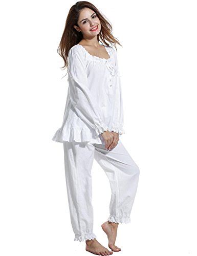Adome Womens Cotton Victorian Pajamas Set White Long Sleeve Sleepwear Nightwear Buy Online In