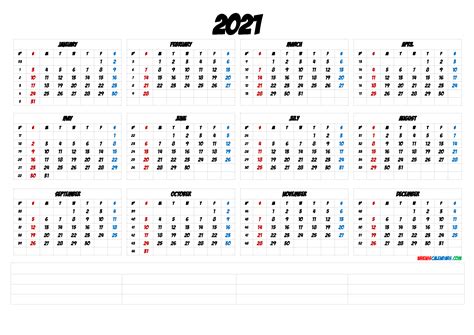 2021 Printable Yearly Calendar With Week Numbers 6 Templates Free
