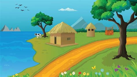Village Cartoon Background Illustration With Sun Cottage Lake Trees