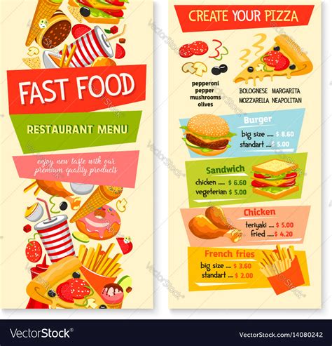 Flyer / poster template is 8.5 by 11 in (8.75 in by 11.25 in with bleeds) and is ready for print, because it's in. Fast food flat menu design for restaurant Vector Image