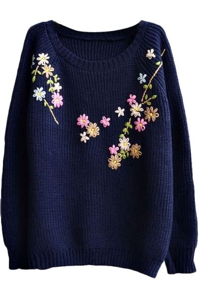 Preppy Look Raglan Sleeve Floral Embroidered Long Sleeve Sweater