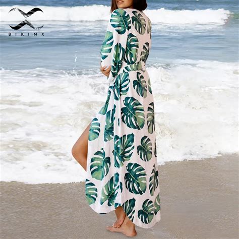 Buy Bikinx Long Cotton Beach Women Cover Up Leaves Print Kaftan Sarong Swimsuit