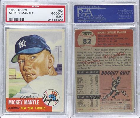 1953 Topps 82 Mickey Mantle Psa 2 Mk New York Yankees Baseball Card